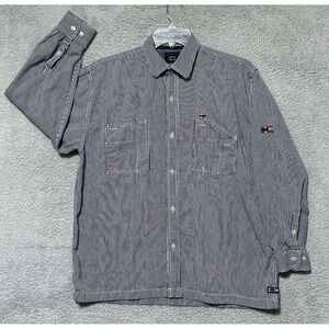 Vintage Railroad Shirt Bugle Boy Size L/XL 90s Blue Pin Stripe Pocket Stack Rare